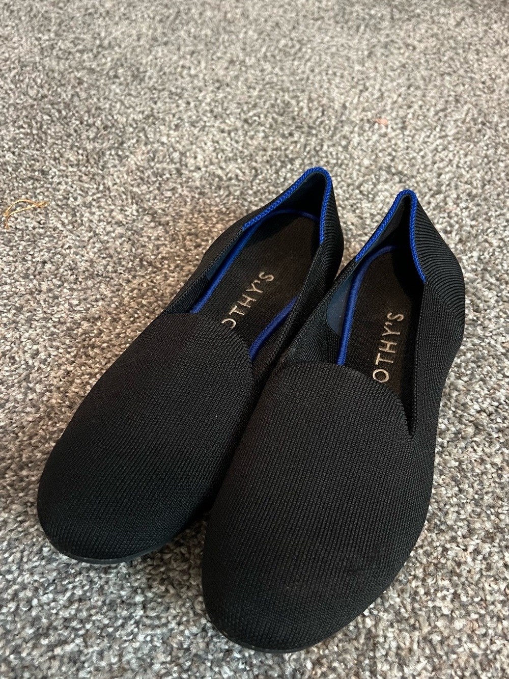 Rothy's Black Knit Slip-On Loafers with Blue Trim